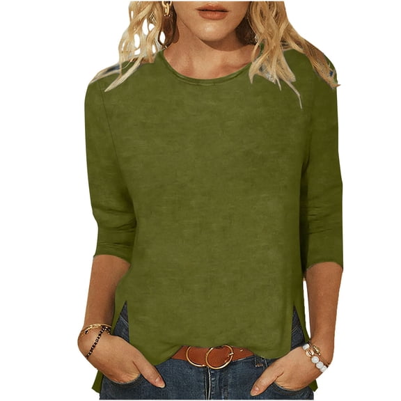 Staron Women's 3/4 Sleeve Round Neck Casual Top Blouse Pullover Solid Color Basic Comfy Loose Fit Shirt, Army Green XL