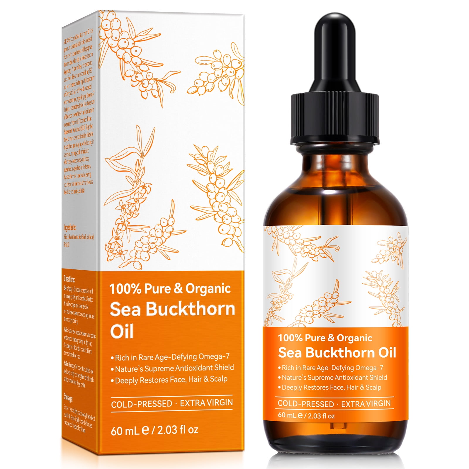 Sea Buckthorn Oil, 100% Pure Organic Cold-Pressed for Face, Hair & Scalp Anti-Aging, 2.03 fl oz