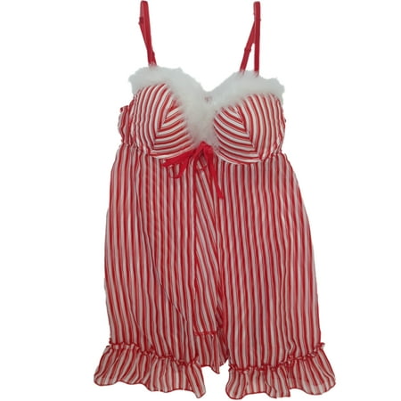 

Women Red White Stripe Feather Trim Babydoll Nightie Nightgown Lingerie Teddy