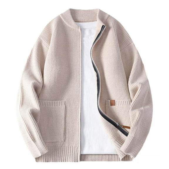safuny Men's Casual Fashion Zip Cardigan Solid Color Knit Sweater with Pockets Long Sleeve Soft able Outerwear for Daily Wear Spring Fall Beige L