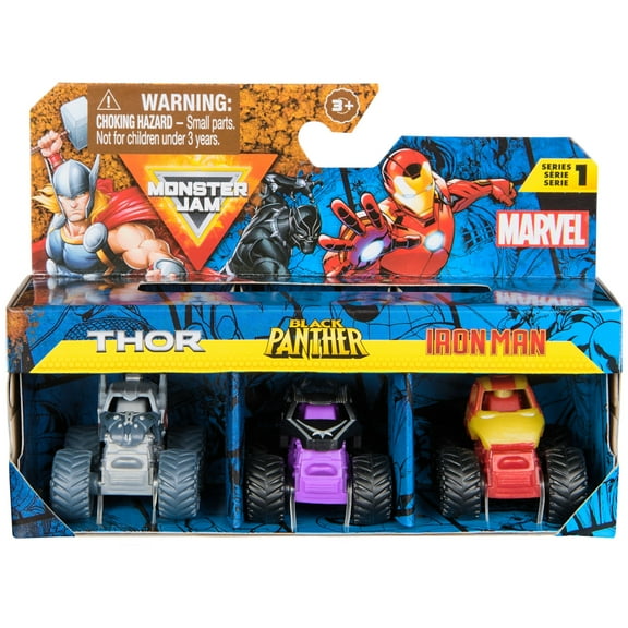 Monster Jam, Marvel Mini 1:87 Scale Monster Truck 3-Pack (Thor, Black Panther, Iron Man)
