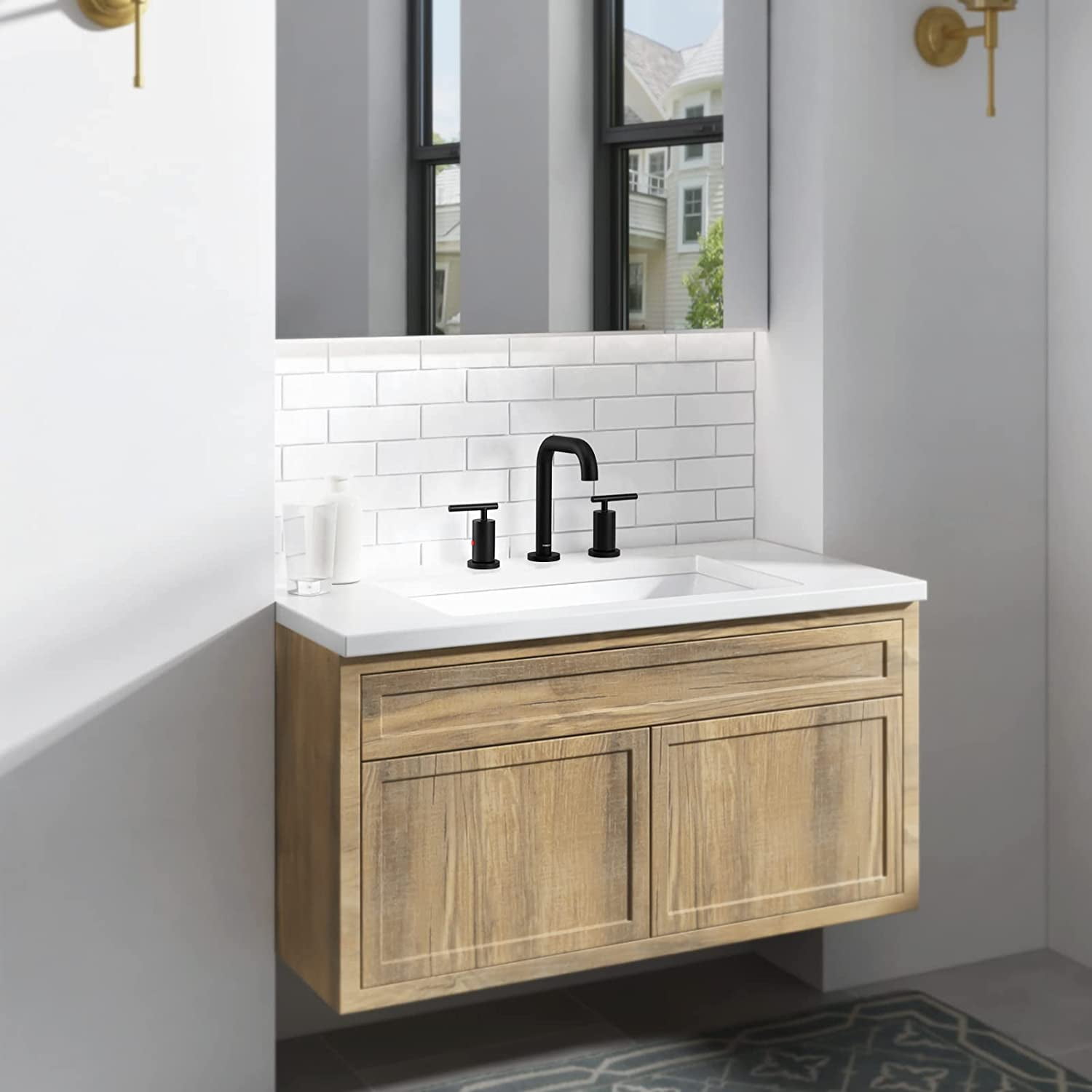 PARLOS 8 Inch Polished Chrome Widespread Bathroom Sink Faucet for 3 Hole Vanity with cUPC Faucet Supply Lines,Matte Black