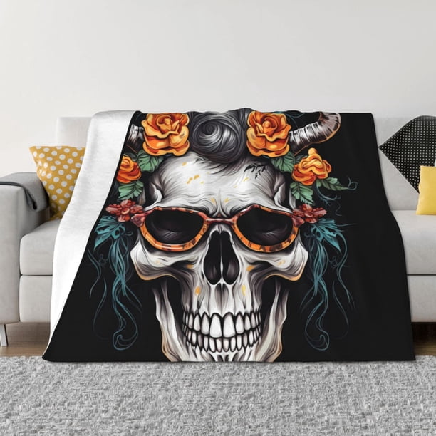 Fotbe Flower Horn Skull A Manta de Franela con Estampado, Manta Ultrasuave para Cama, Sofá, Auto, Hipoalergénica y Antibolitas-40"x30"