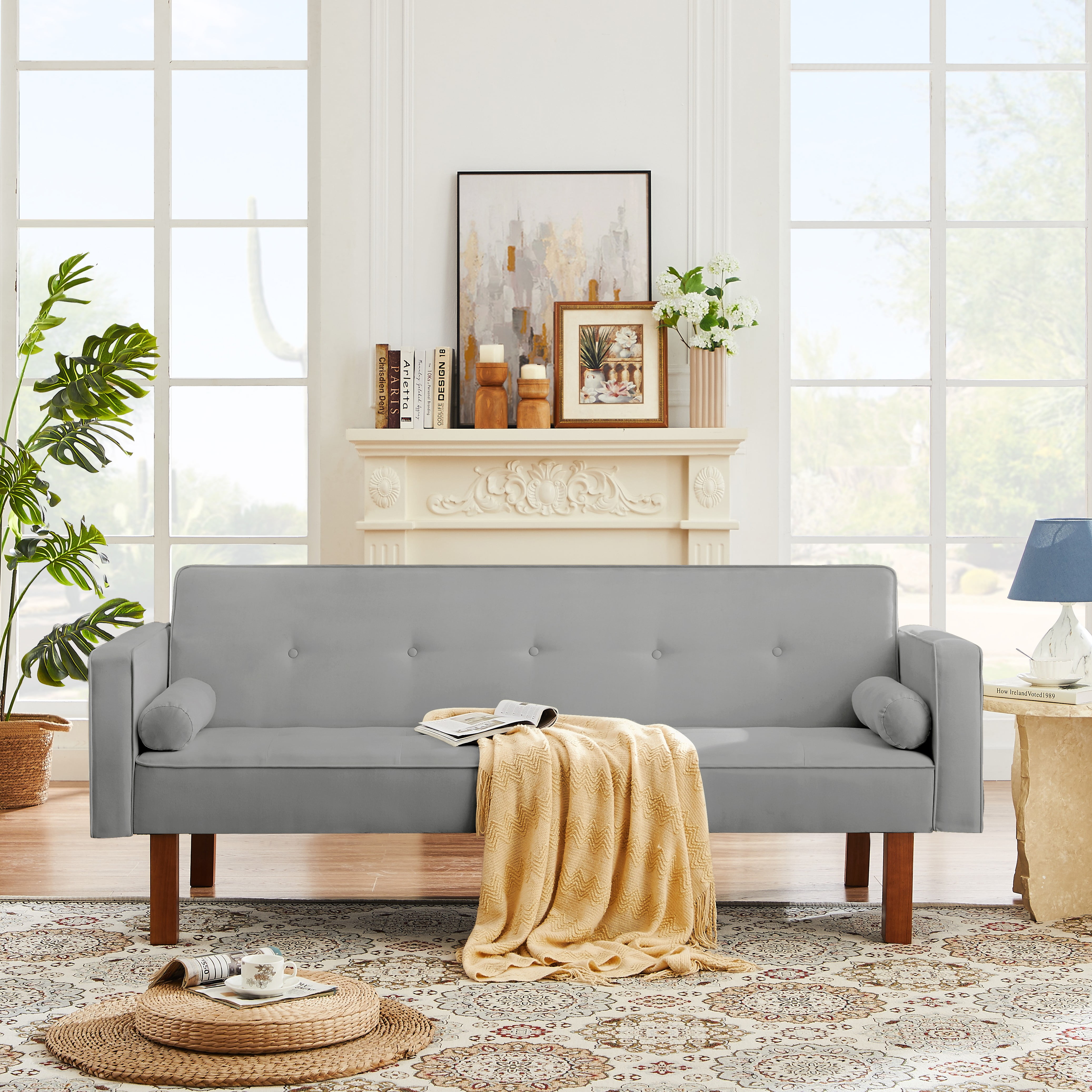 74" Futon Sofa Bed,Upholstered Folding Futon Fabric Couch,Recliner Twin Size Futon Bed Removable Armrests,Modern Sofa for Compact Living Space,Apartment,Light Gray