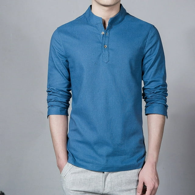 Mode Décontractée Hommes Solide Couleur Lin Stand Col Manches Longues Slim Fit T-Shirt