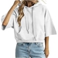 thumbnail image 2 of LEKWK Cropped Hoodie Women Drop Shoulder Short Sleeve Sweatshirt Drawstring Loose Fit Pullover Tops with Pocket Fall Casual Activewear White XXL, 2 of 7