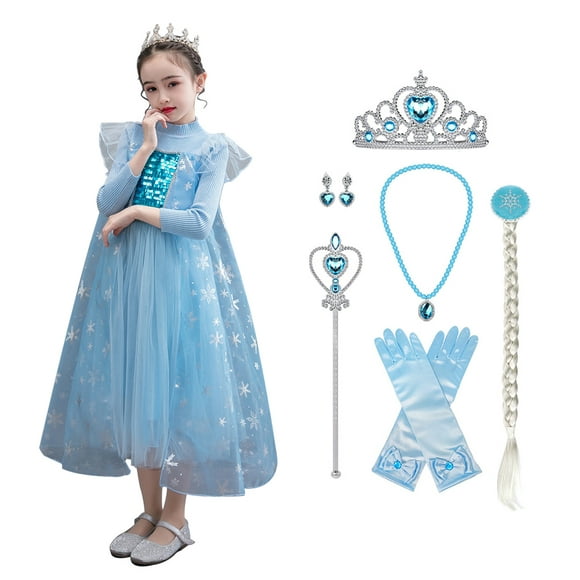 Little Girl Princess Dress Snow Party Queen Halloween Costume Blue with Accessories
