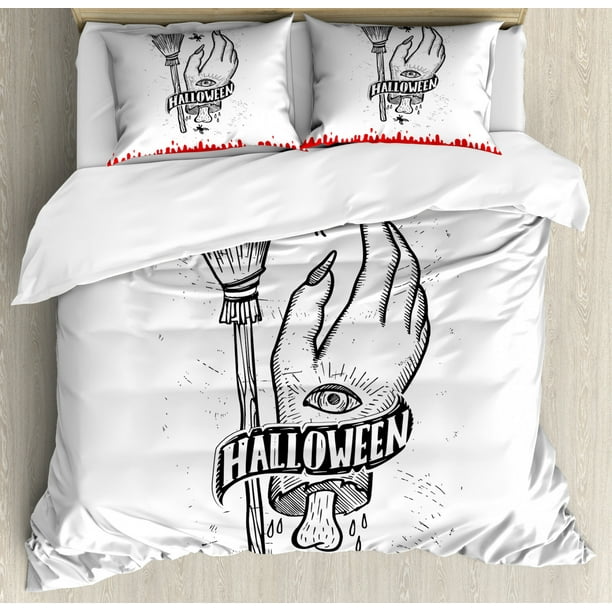 Duvet Cover Set Queen Size Monochrome Sketch Witch Hand With Eye Broomstick Spiders Blood Drops Decorative 3 Piece Bedding 2 Pillow Shams Charcoal Grey Vermilion By Ambesonne Com Duvet Cover Set Queen Size, Witch Bed Is Bigger King Or Queen