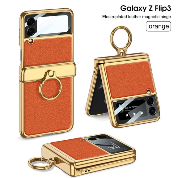 Dteck for Samsung Galaxy Z Flip3 5G 6.7" Case, Electroplated Leather Folding All-Inclusive Case with Ring Kickstand Shockproof Protective Case for Samsung Galaxy Z Flip3 Ladies Women Men, Orange