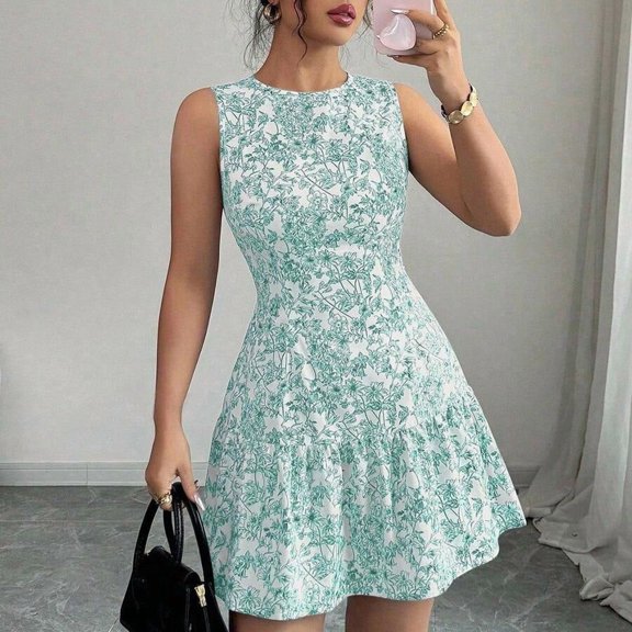 White-Blue Floral Sleeveless A-Line Skater Mini Dress, Crew Neck High Waist