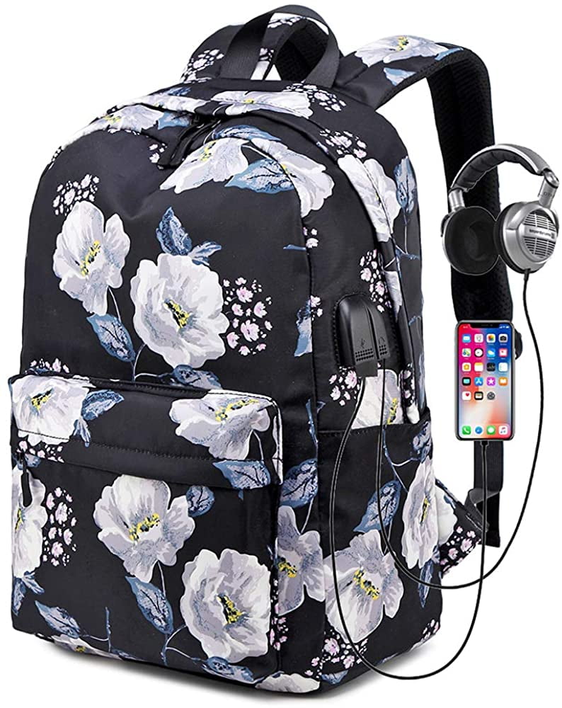 Laptop Backpack,17 Inch Travel Lightweight Backpack with USB Charging Port-Blue Butterflies White Flowers