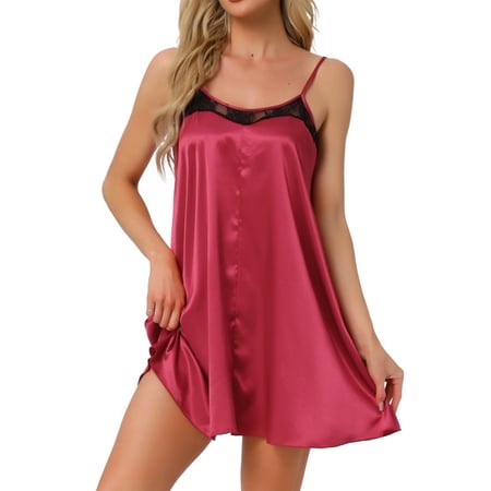 INSPIRE CHIC Women s Nightgown Lingerie Lace Trim Sleep Dress Silky Satin Chemise Babydoll Cami Short Sleepwear L Red
