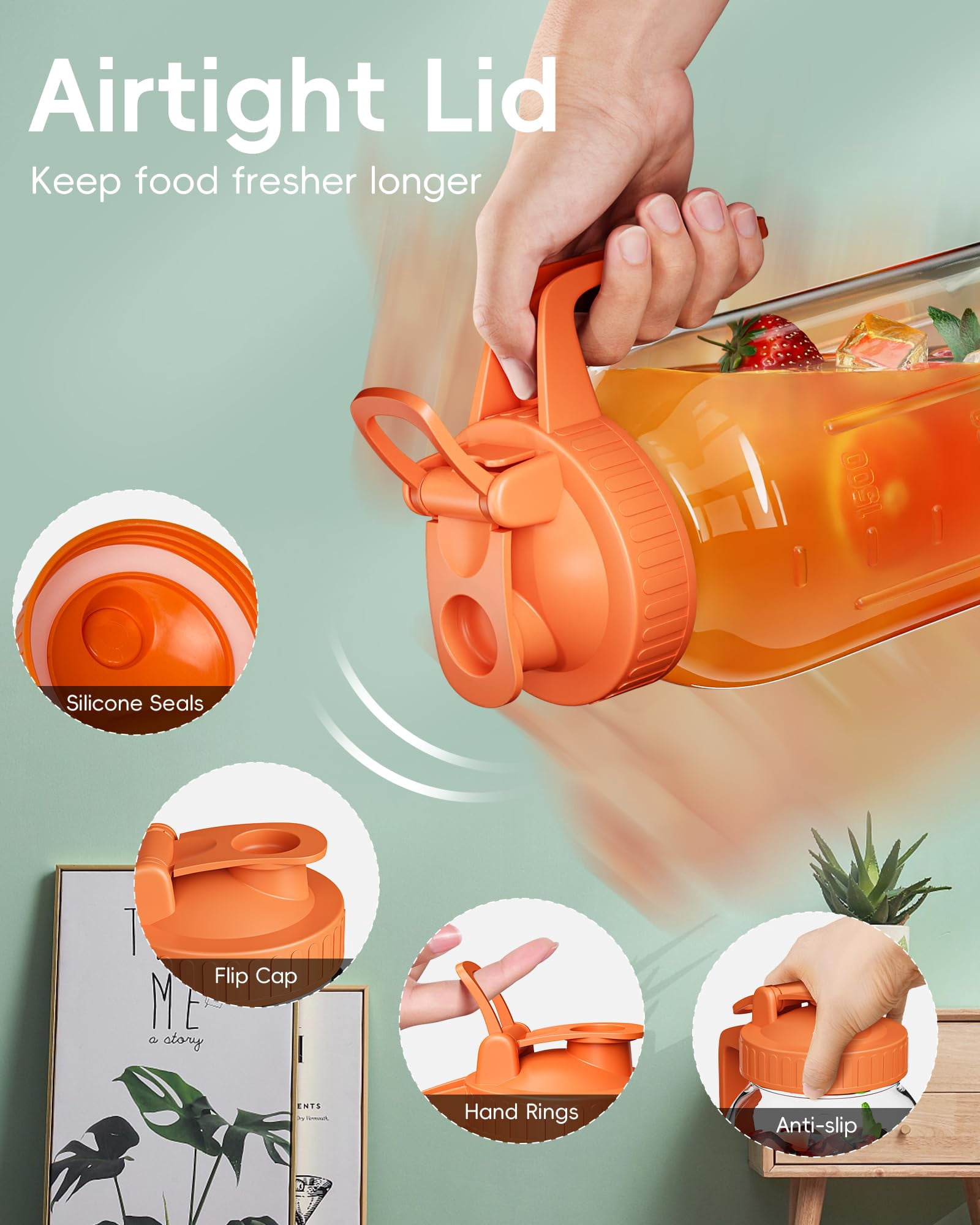 Glass Pitcher With Airtight Lid And Spout  64oz Mason Jar - Wide Mouth Leakproof Water Jug For Juice Sun Iced Tea Cold Brew Coffee Milk Storage Orange