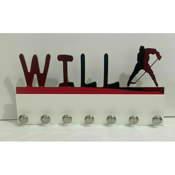 Custom Personalized Name Ice Hockey Player Sport Skate Medal Holder, Awards Display Organizer Wall Decor Rack with Hooks for 60  Medals, Ribbons, Sports Of A Kind Made To Order With Your Name On It.