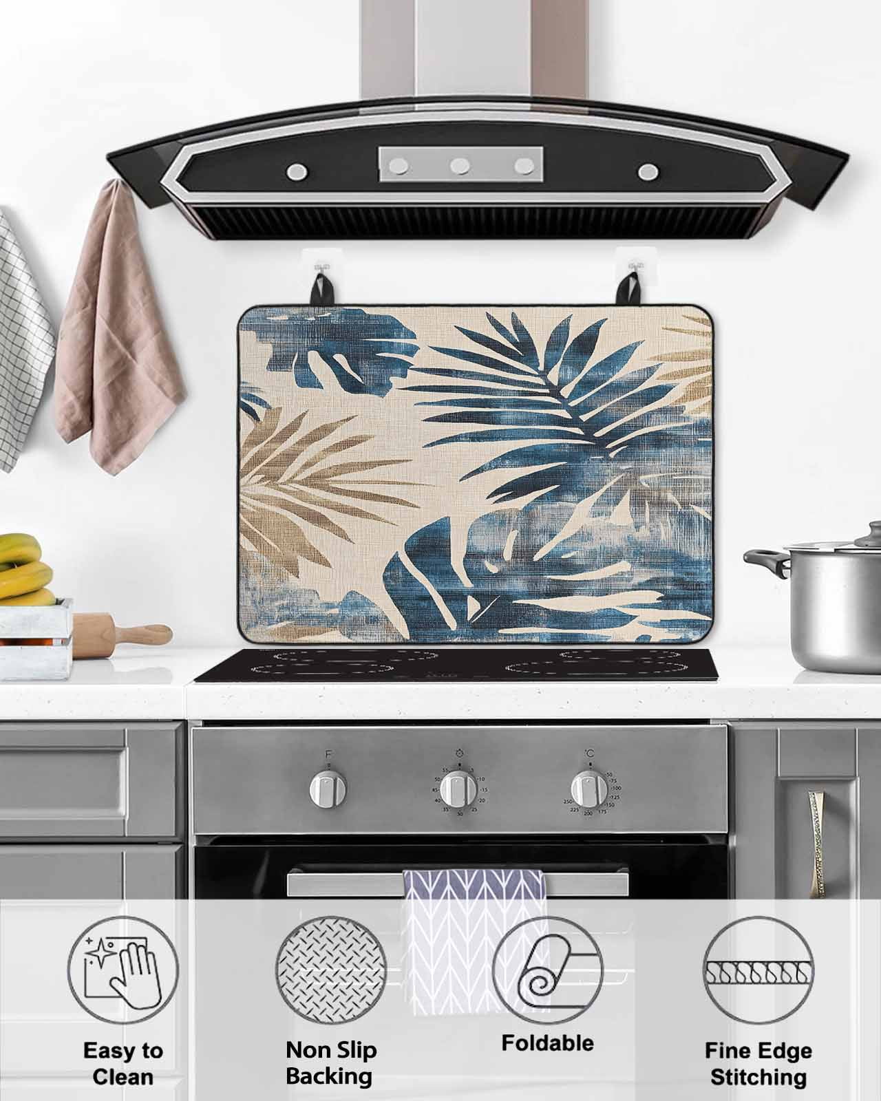nqOlkjepod Large Induction Cooktop Protector Mat 24"x21", Blue Brown Palm Leaf Stove Top Covers for Electric Stove, Farmhouse Summer Botanical Stove Burner Cover Mats, Glass Top Stove Cover