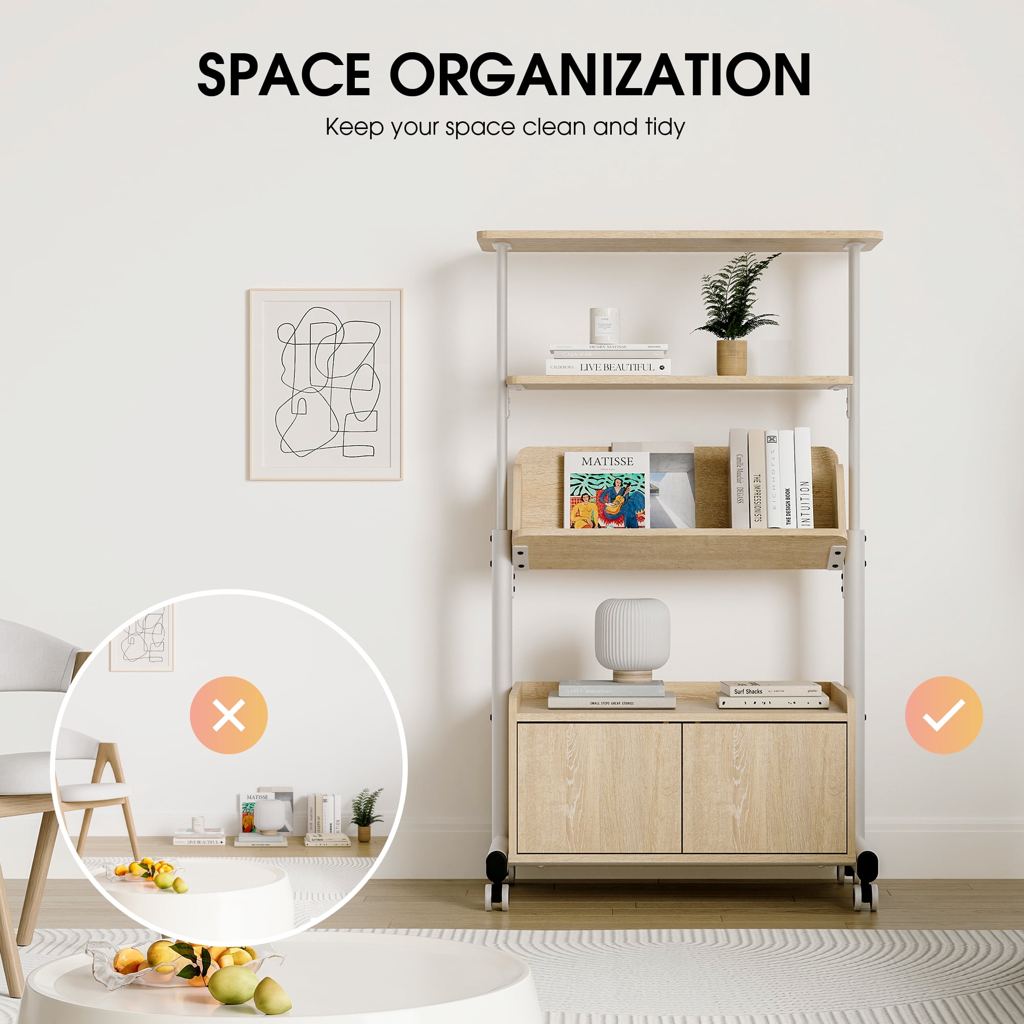 Fenge Bookshelf with Door, 4 Tier Small Bookcase with Storage Cabinet