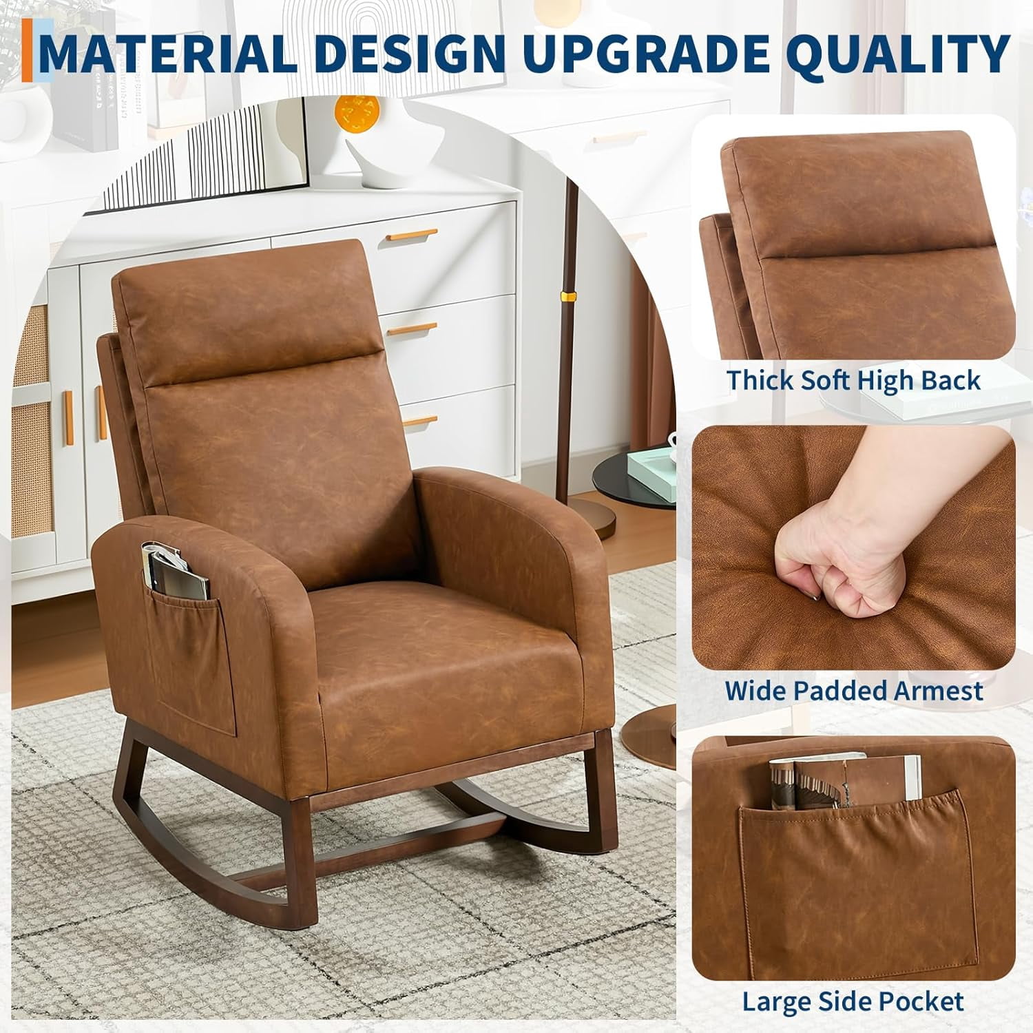 Rocking Chair Nursery Chair with Foot Rest, Nursery Rocking Chairs with Pocket，Baby Nursery Glider Rocker for Living Room