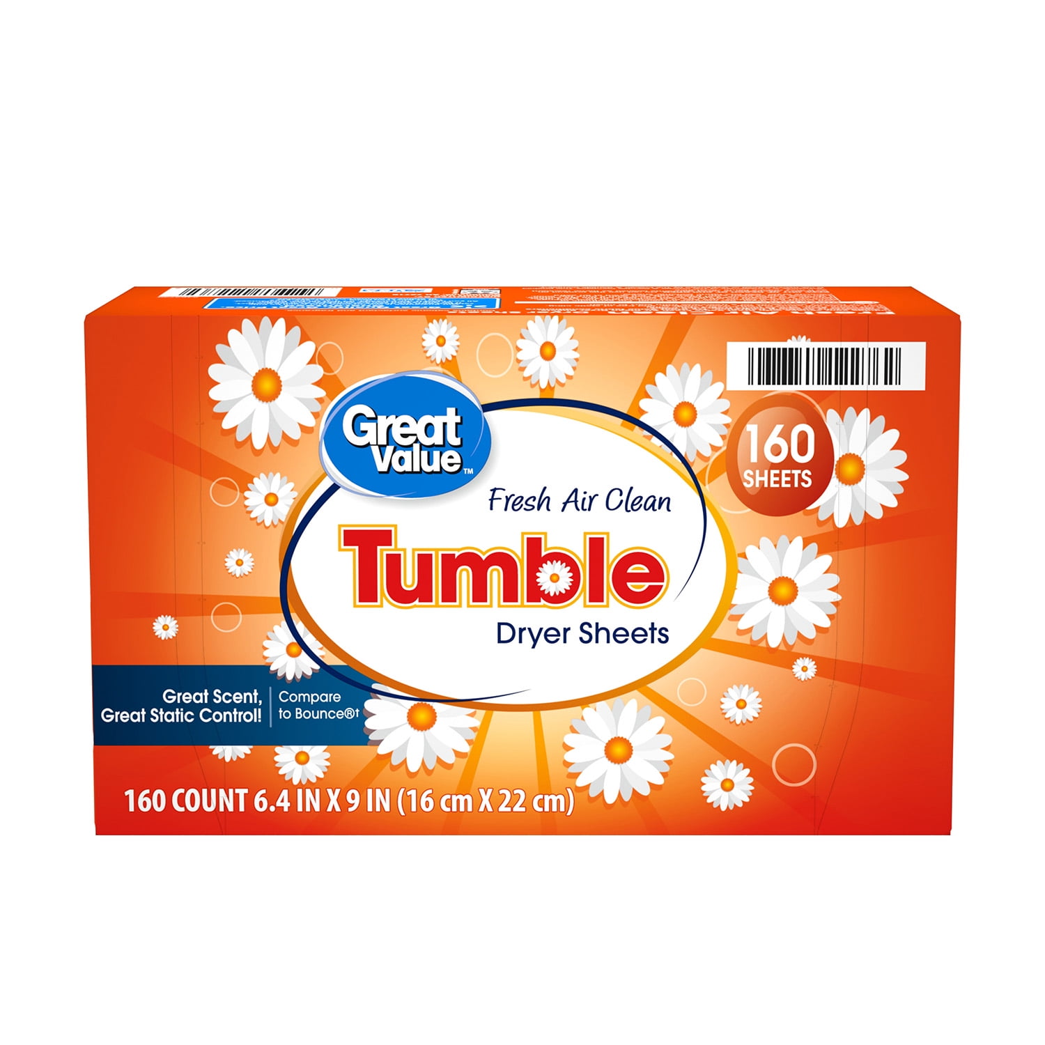 Great Value Tumble Fabric Softener Dryer Sheets, Fresh Air Clean, 160