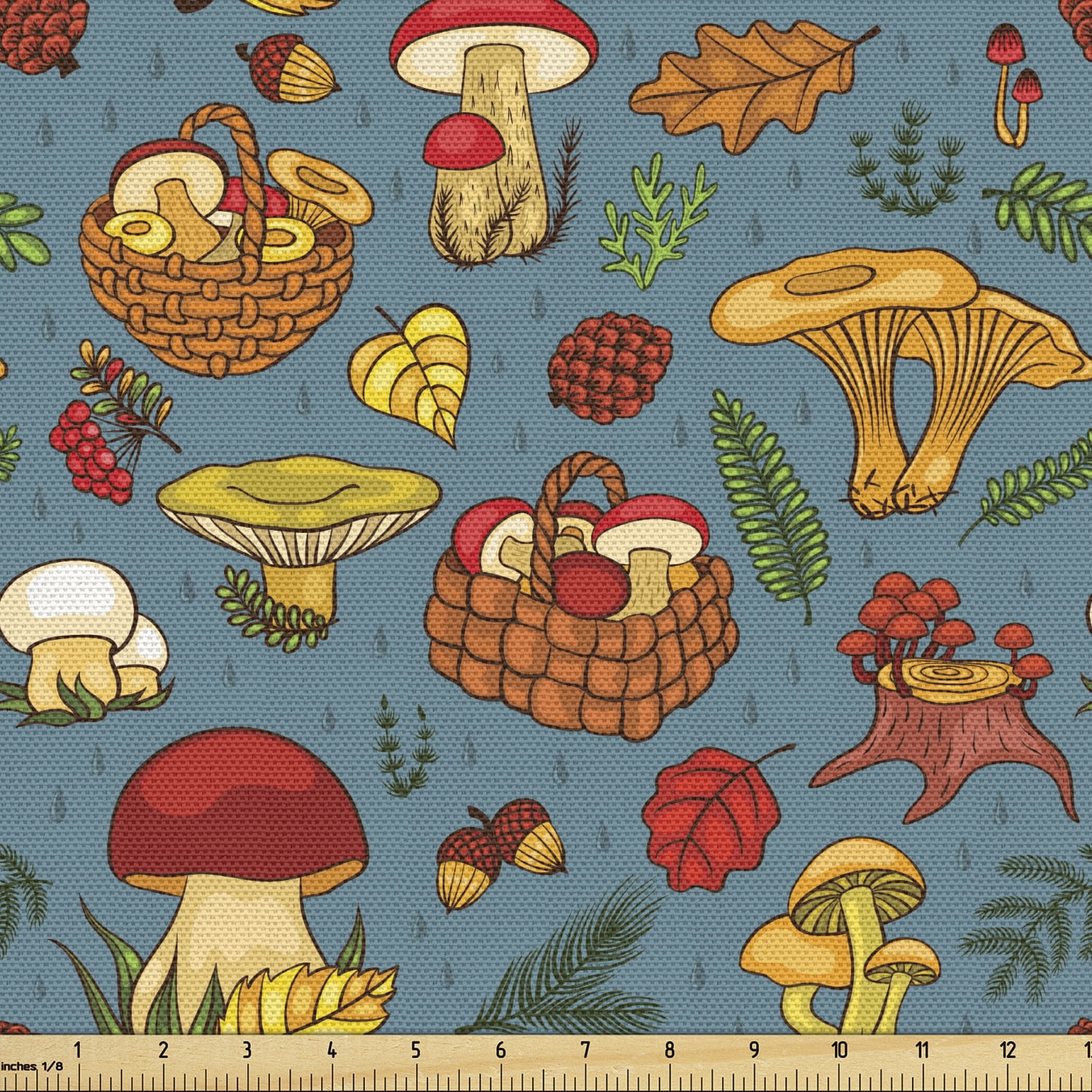 Mushroom Fabric by the Yard Upholstery Picnic in the Forest with Honey Fungus Orange Agaric