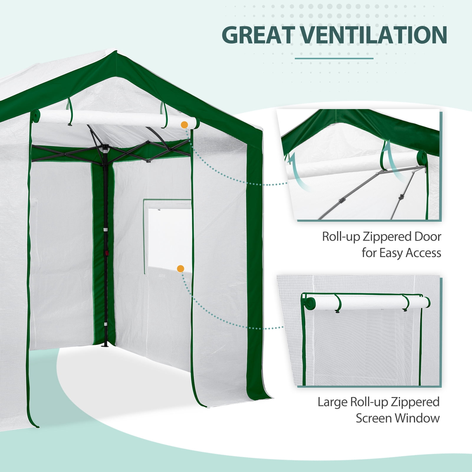 EAGLE PEAK 8 x 8ft Portable Walk-in Greenhouse with Roll-up Zipper Entry Door and 3 Large Roll-Up Screen Windows, Green/White