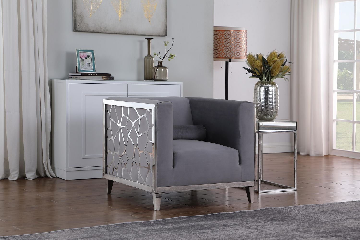 K-Living Darlene Grey Plush Velvet Sofa Set with Chrome Stainless Steel Detailing on Arm Sides (Includes Sofa, Loveseat and Chair)