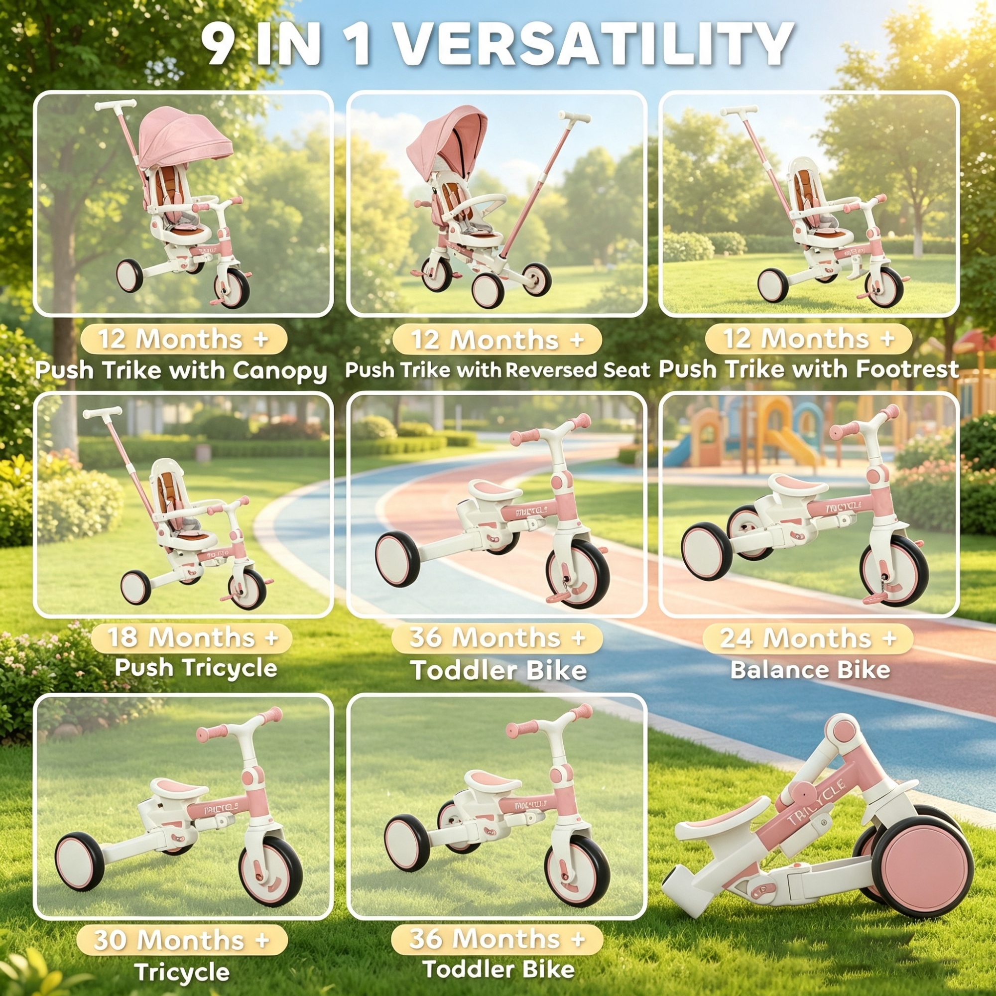 7 in 1 Toddler Tricycle Stroller, for 1-5 Years Old, Adjustable Push Handle, Rotatable Seat, Detachable Canopy, Pink