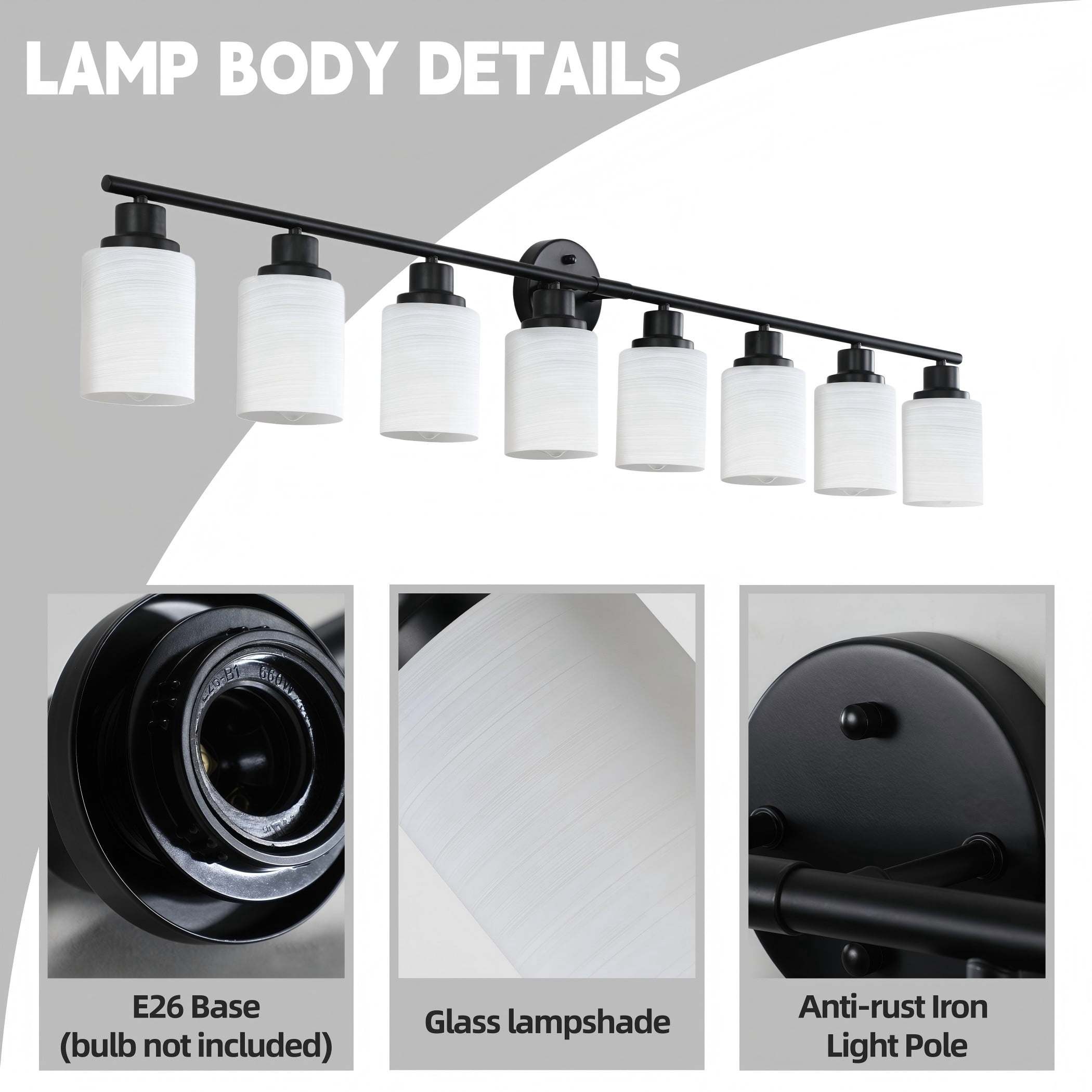 52" Modern 8-Light Vanity Bathroom Light Fixture, Black Iron Frame with Frosted White Glass Shades, Wall Sconce for Mirror, Bedroom, Bathroom, or Dressing Room (Bulbs Not Included)