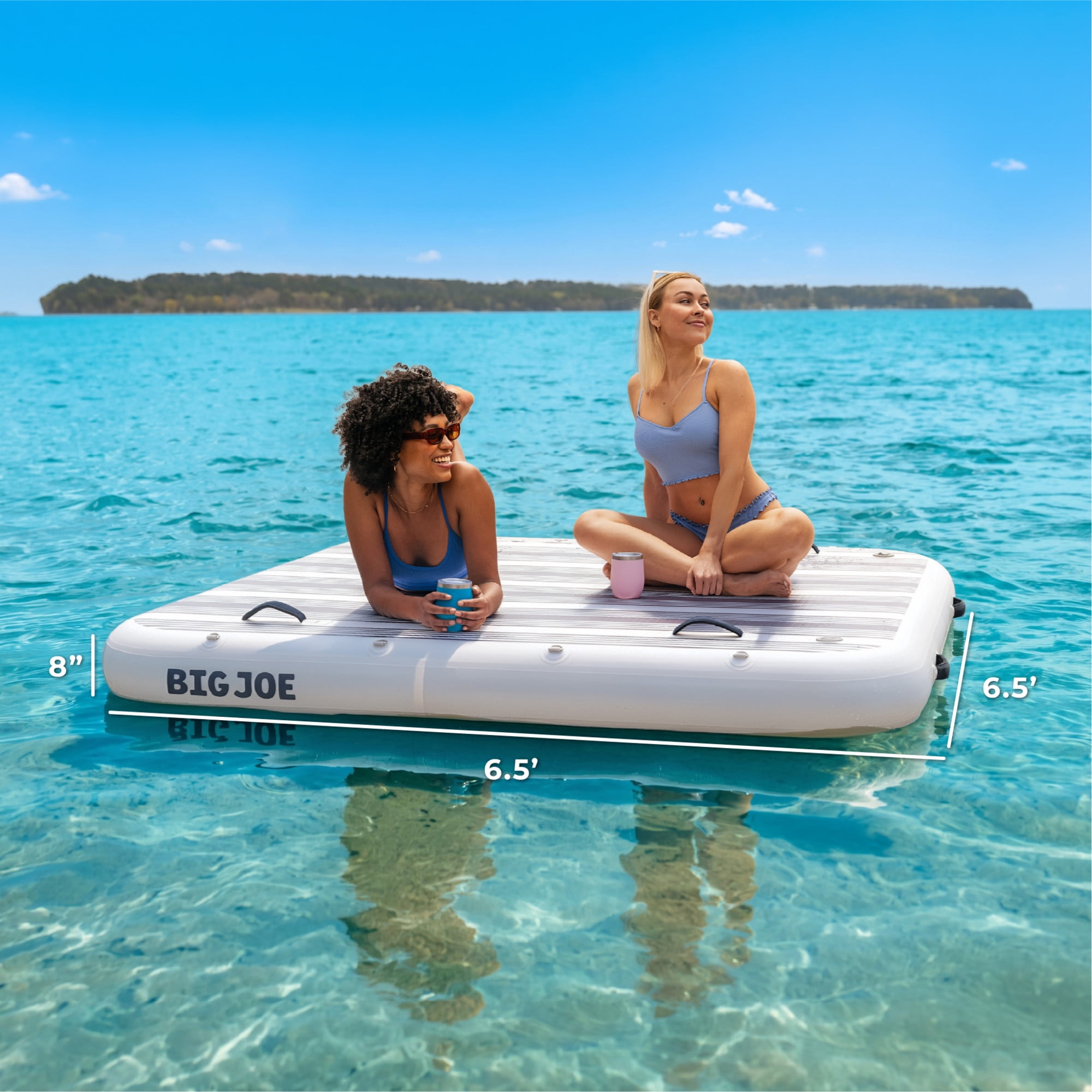 Big Joe TidalJoy 6.5’ x 6.5’ Inflatable Floating Dock for Adults, Heavy Duty Lake Platform & Boat Raft with Handles, Navy Stripe