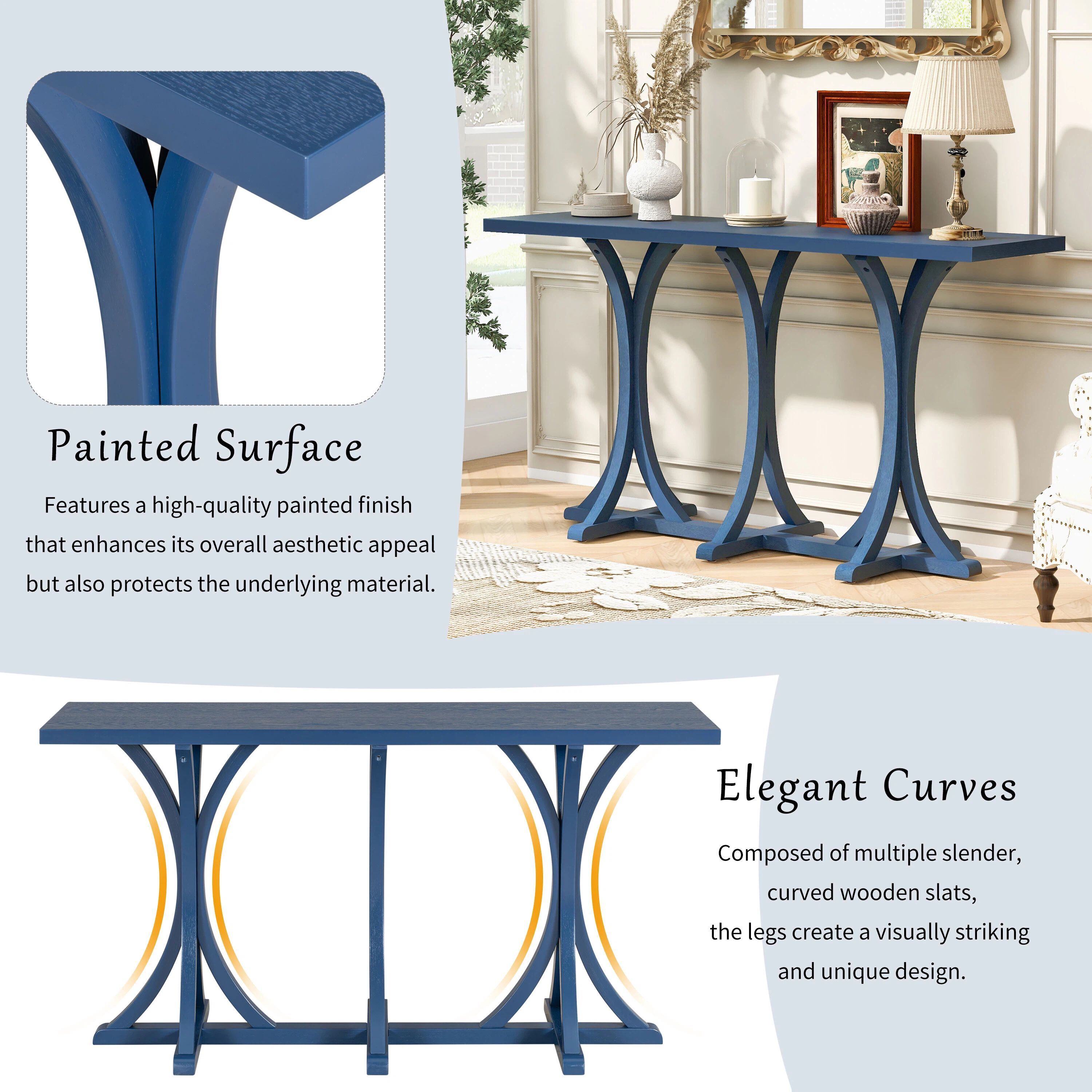 Euroco 59.8" Long Console Table, Farmhouse Entryway Table with Slender Curved Legs, Narrow Sofa Table Behind Couch for Living Room, Hallway,Foyer,Navy Blue