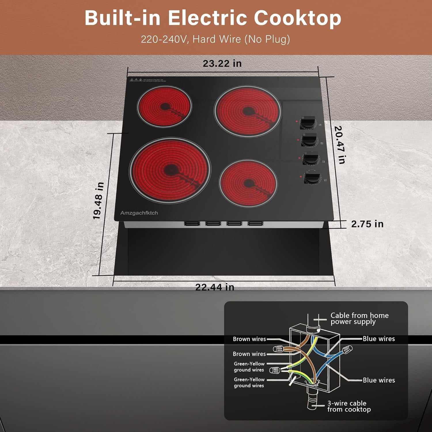 2 4 5 Burner Electric Cooktop 220V~240V, 12 24 30 Inch Built-in 3000W Ceramic Stove Top with Child Safety Lock, Timer & Residual Heat Indicator, Hard Wire(No Plug) for Modern Kitchens