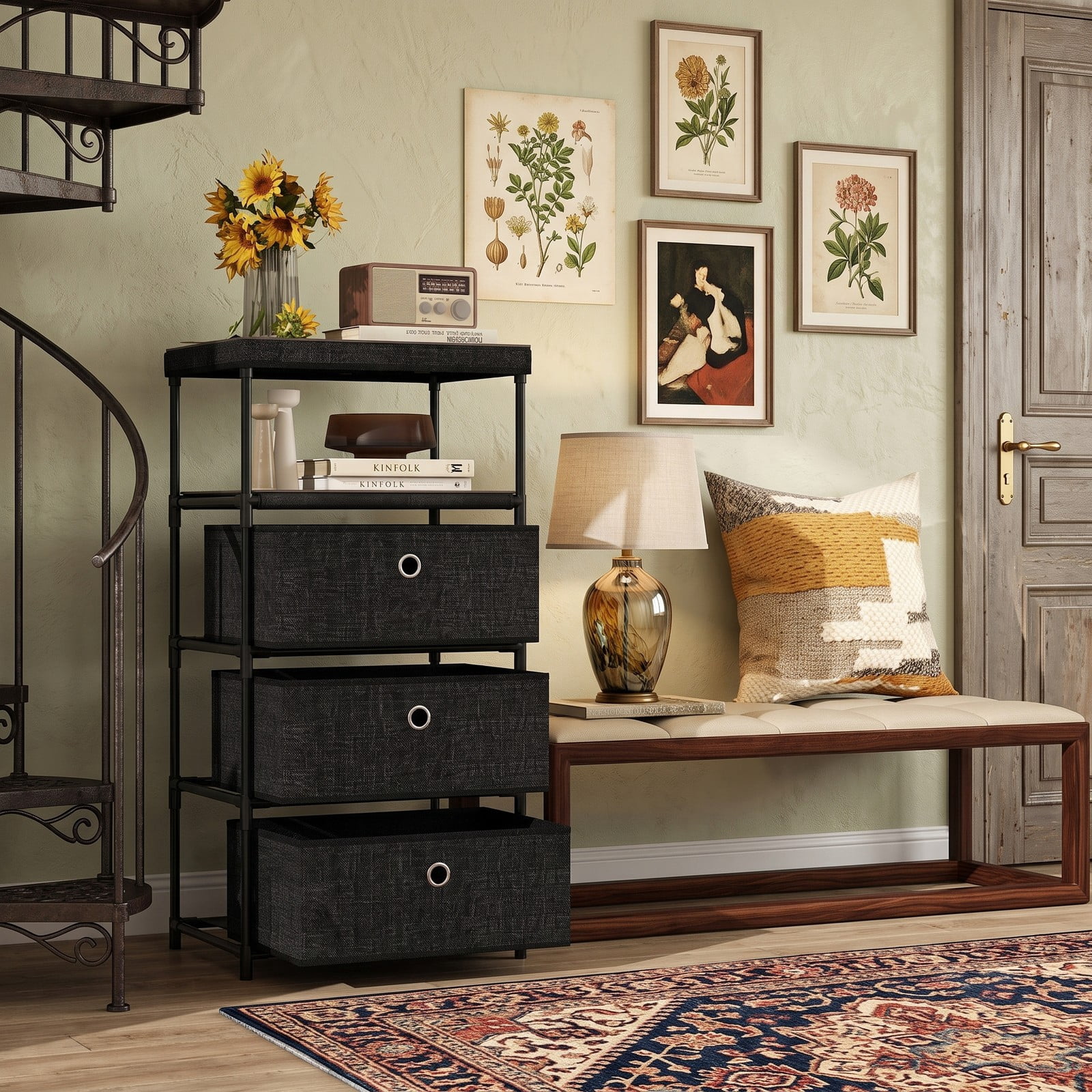 Furnibear 3-Drawer Fabric Storage Tower Dresser with Wood Top Open Shelf and Metal Frame for Bedroom Closet and Office, Black