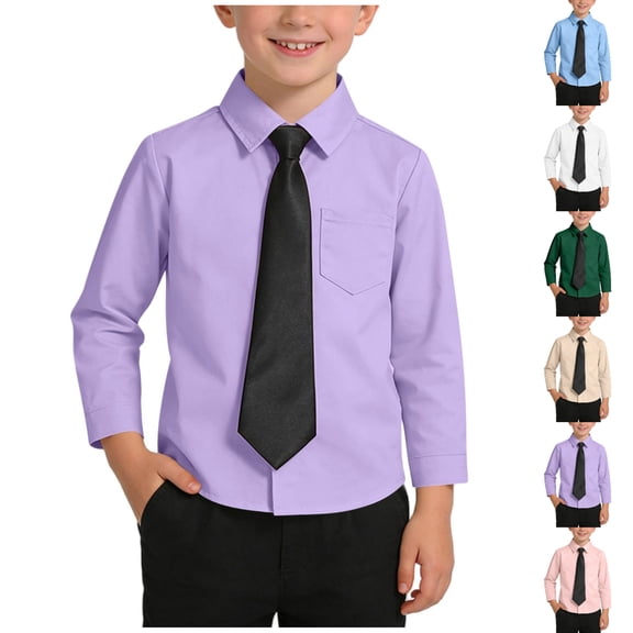 SGFCWSX Boys Long Sleeve Dress Shirt with Matching Tie, Kids Button-Down Shirt with Chest Pocket, Formal Casual School Outfit Tops Purple Size 7-8 Years