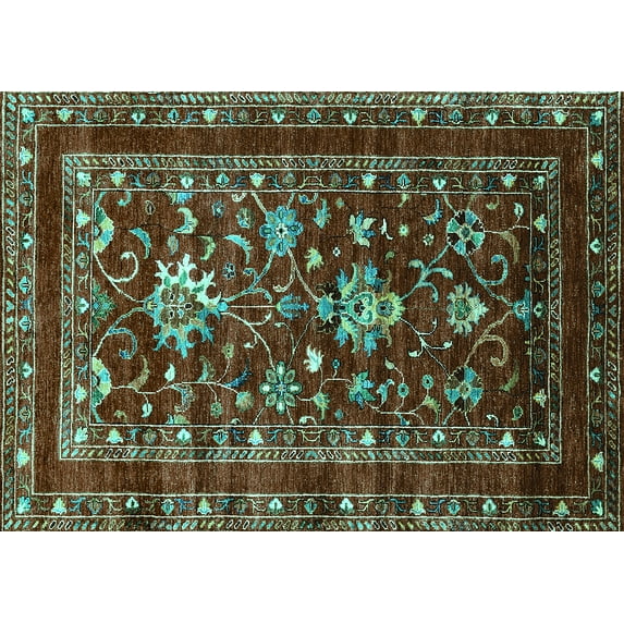 Ahgly Company Machine Washable Indoor Rectangle Oriental Turquoise Blue Industrial Area Rugs, 4' x 6'
