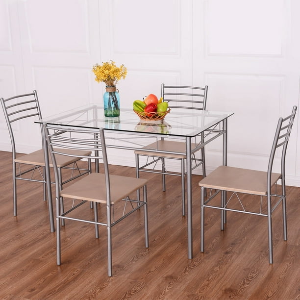 Costway 5Pieces Dining Set Table and 4 Chairs Glass Top Kitchen