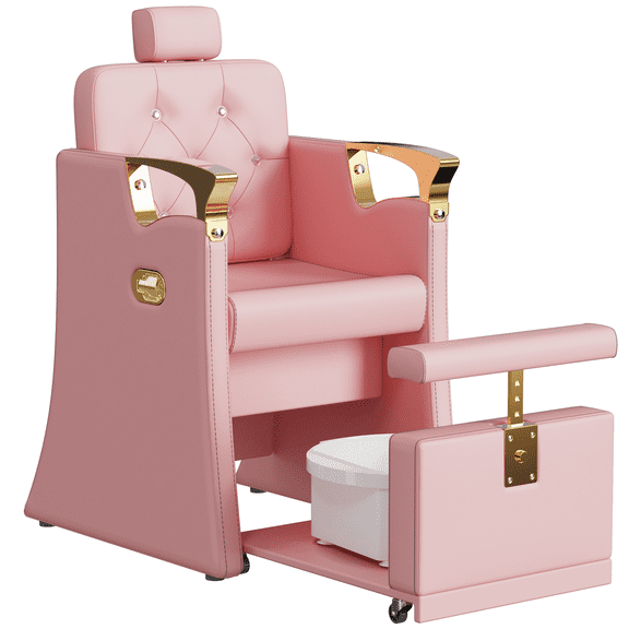 KIGOTY Reclining Pedicure Chair No Plumbing, Pedicure Station with Foot Bath & Hidden Platform, Adjustable Nail Salon Chair for Manicure Pedicure，Pink-Gold