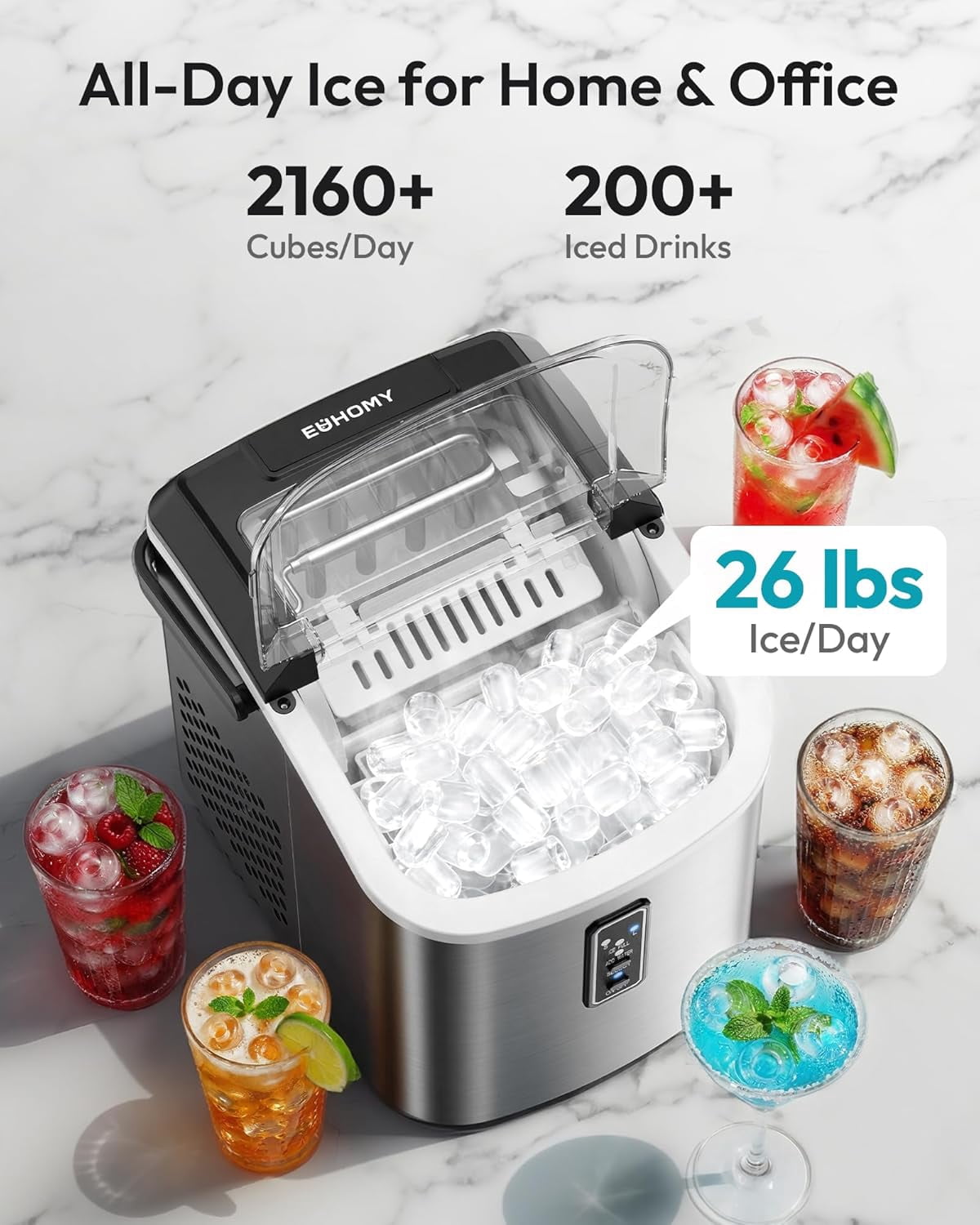 Portable Ice Maker Countertop with Self-Cleaning, 9 Cubes in 6 Mins, 26lbs/24H Capacity, Includes Basket and Scoop for Home and Office