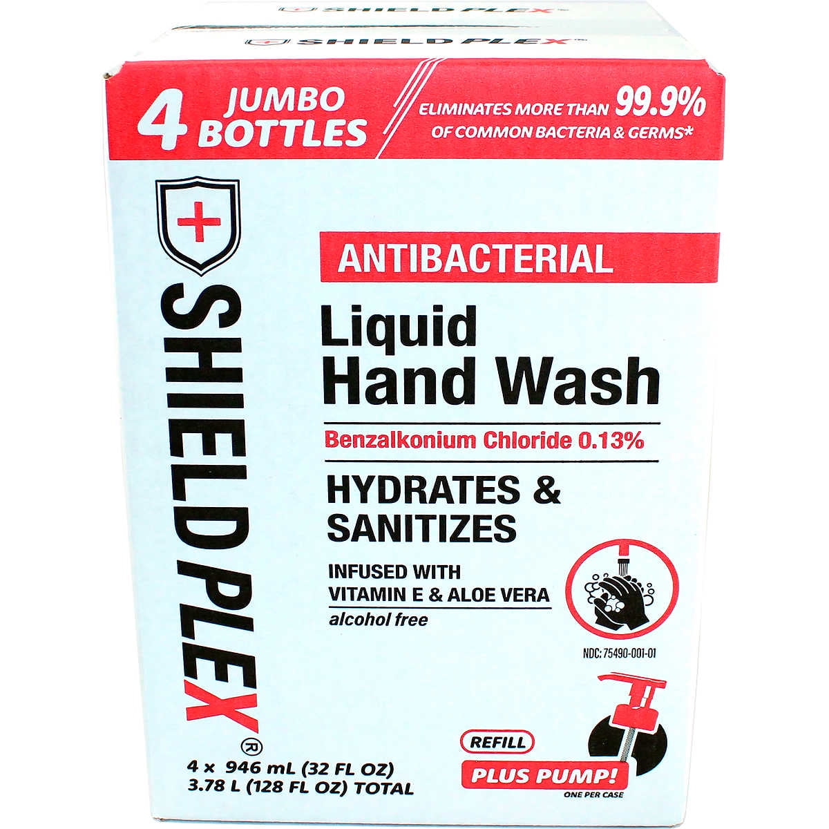ShieldPlex Antibacterial Liquid Hand Wash Refill, Infused with Vitamin E and Aloe Vera, 32 oz, 4