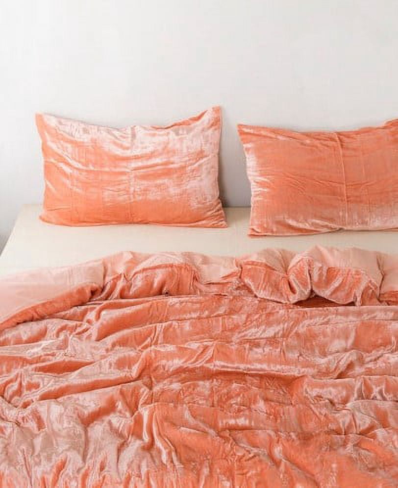 Thread Connect Velvet Duvet Cover Peach Color King/Queen Size Comforter Set, Boho Bedding Sheets Crushed Velvet bedding sets Ties Closure, (1 Duvet Cover & 2 Pillowcases)