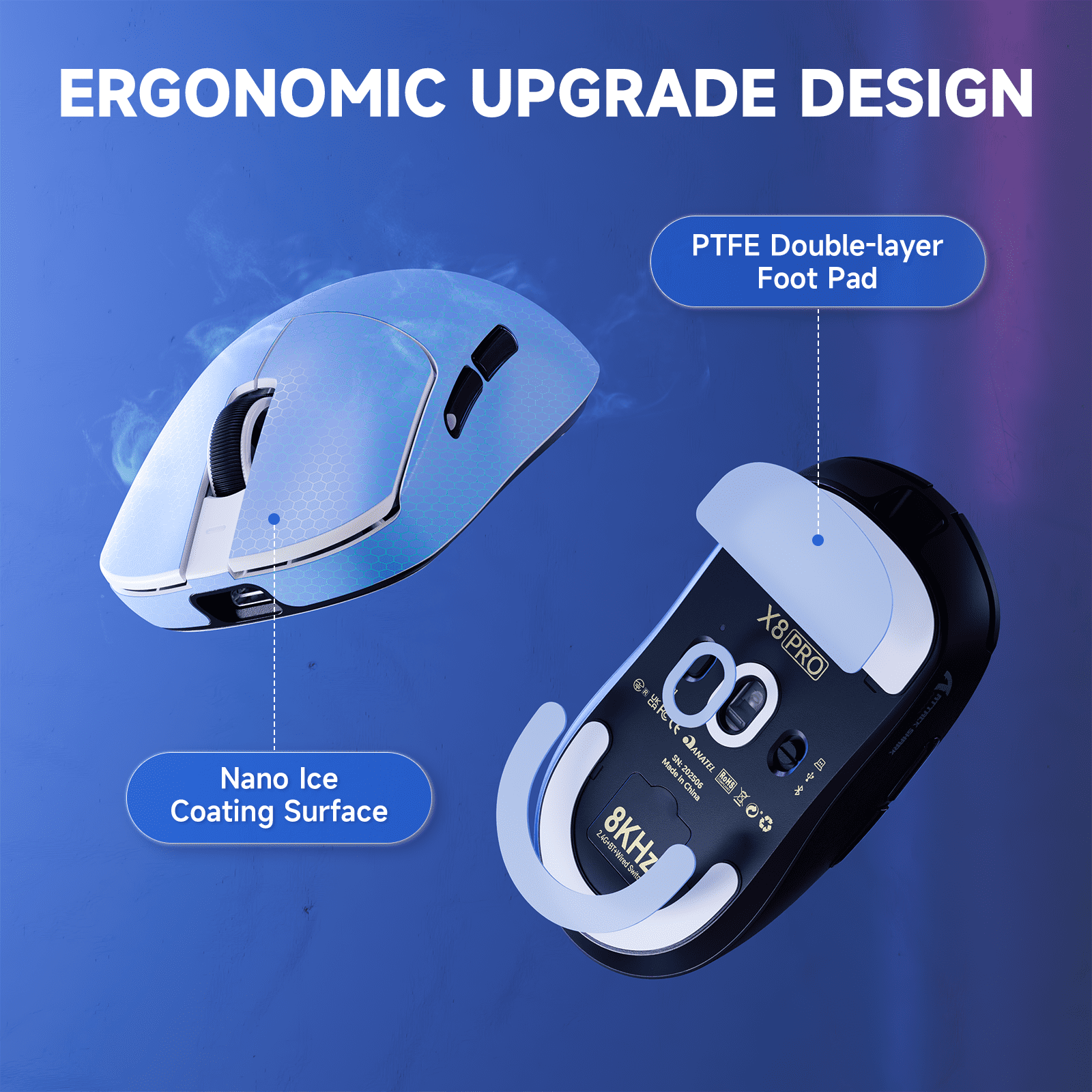 ATTACK SHARK X8PPO 8K Mouse for Large Hand, 55g SUPERLIGHT, PixArt PAW3395PRO Gaming Sensor, BT/2.4G Wireless/Wired, 6 Adjustable DPI up to 40000, 500mAh Battery (White)
