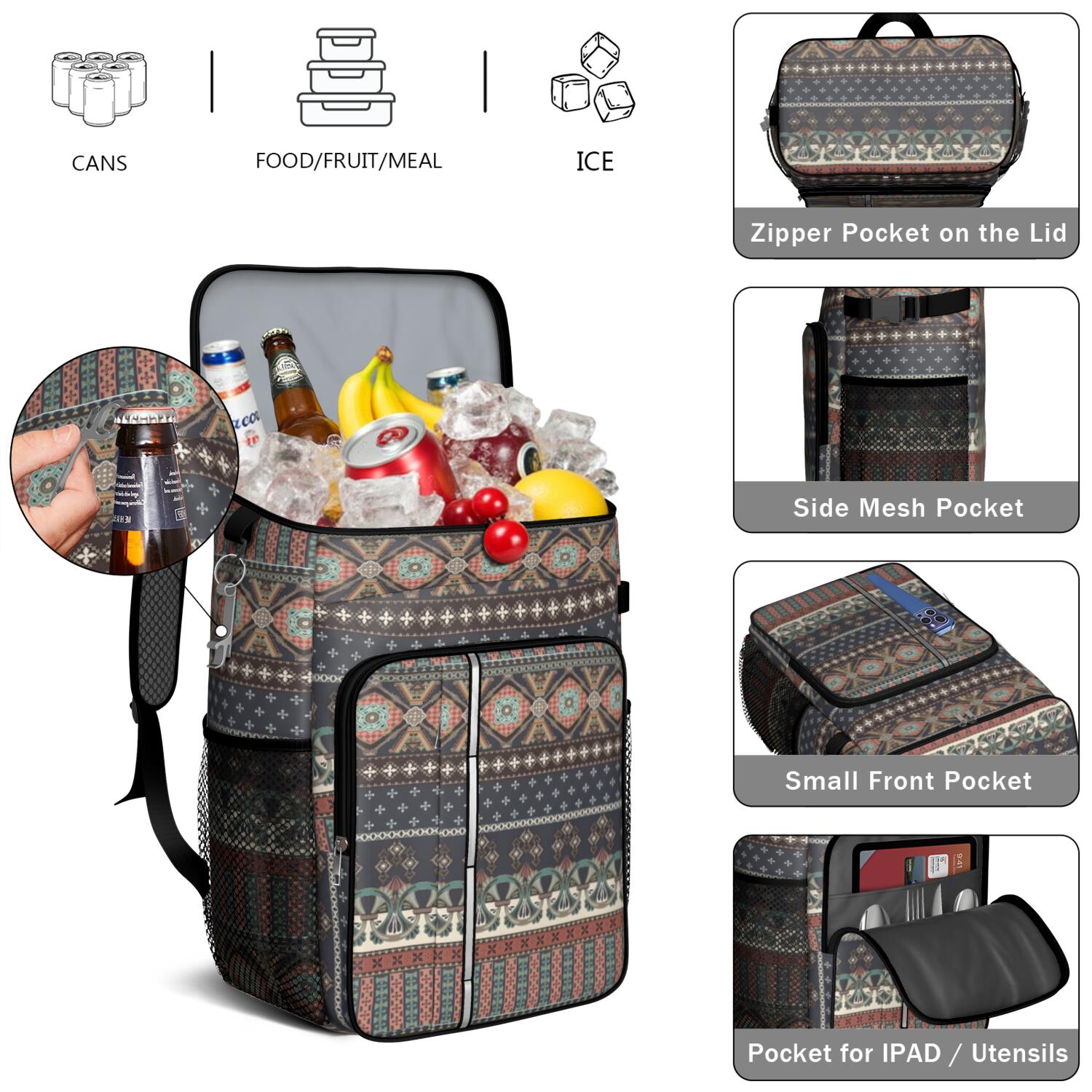 Travel Cooler Bag - Boho Bohemia Pioneer Flower Geometric Line Art Camping Beer Cooler Backpack with Bottle Opener- Waterproof Insulated Picnic Backpacks - Cooler Bag for Beach