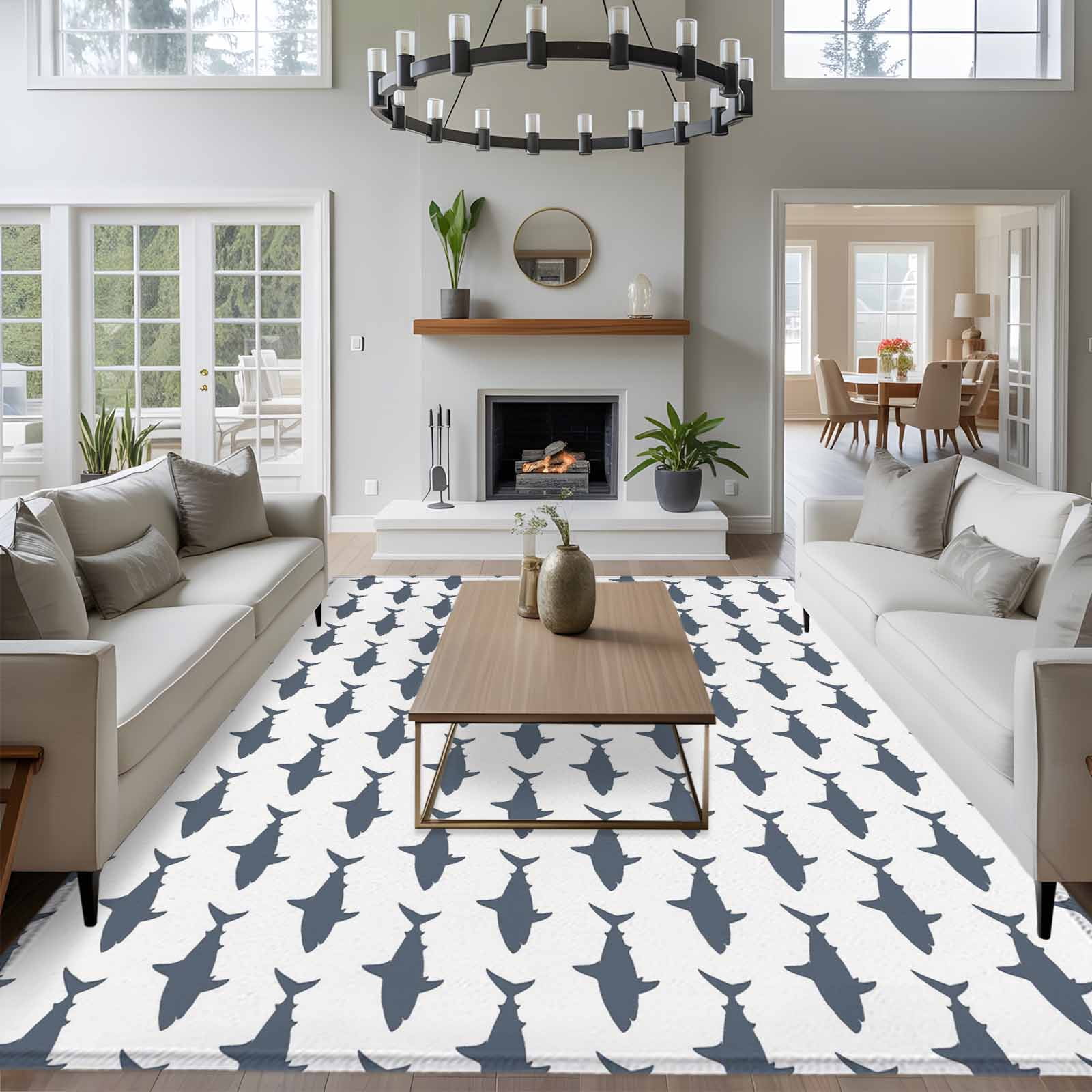 6x9 Area Rugs for Living Room, Blue Grey Sharks Non Slip Area Rugs for Kitchen Bedroom Entryway, Modern Coastal Ocean Animals Washable Carpet Runner Rug Floor Mats for Bedroom Home Decor