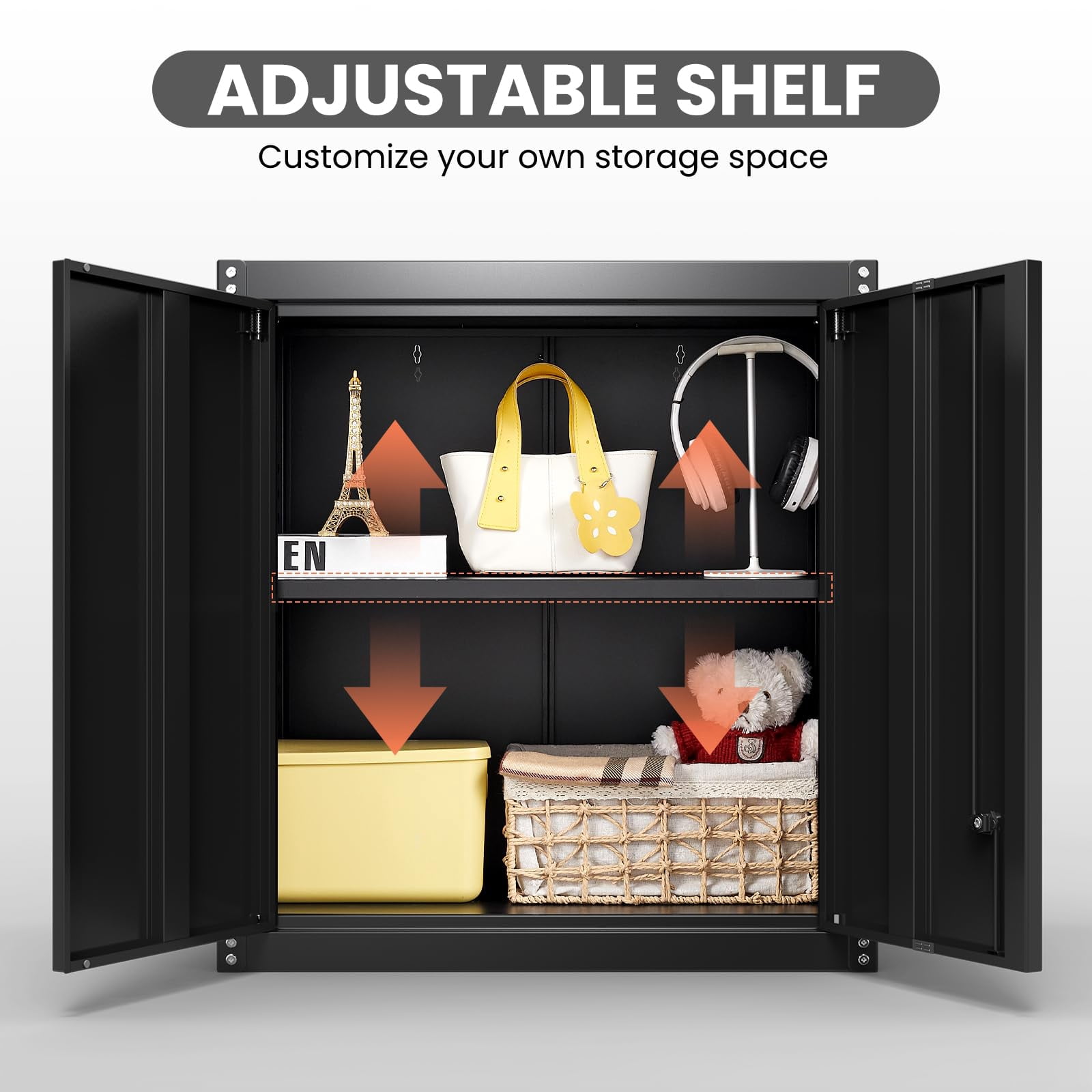 Marcree Garage Wall Storage Cabinet, Metal Wall Mount Cabinet with 2 Locking Doors and Adjustable Shelf, Small Steel Tool Cabinet for Kitchen, Garage, Laundry Room, Pantry, Black