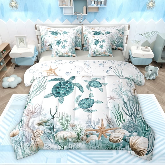Feelyou Kawaii Sea Turtle Twin Bedding Sets 7-Piece, Dreamy Marine Animal Bedding Comforter Set, Seashell Starfish Coral Reversible Sheet Sets, Lightweight Room Decor