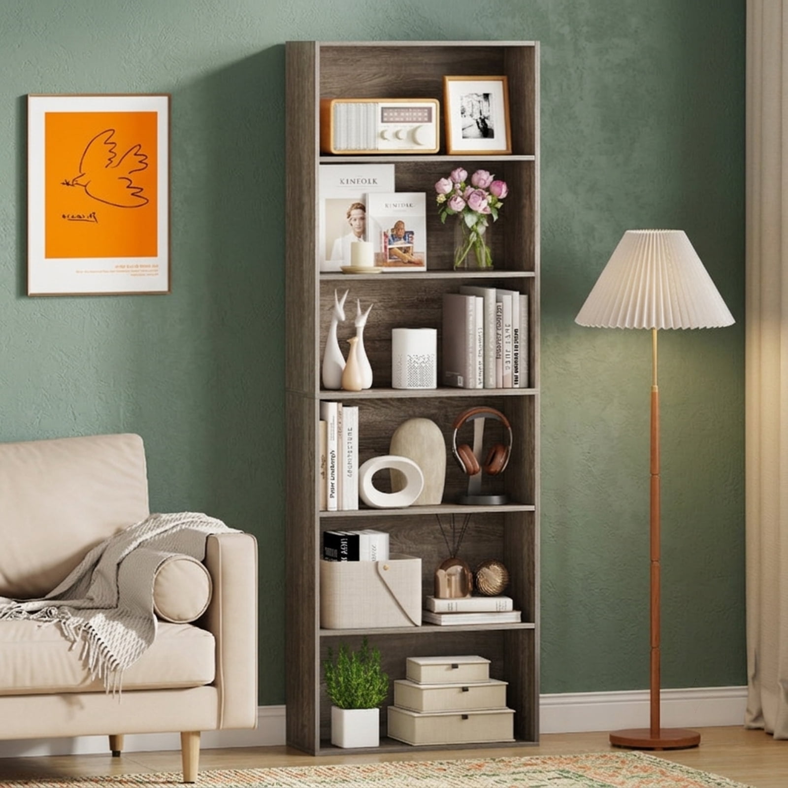 Furnibear 6-Tier Tall Bookcase with 6 Open Shelves and Anti-Toppling Kits Freestanding Wood Storage for Living Room Study and Office, Gray
