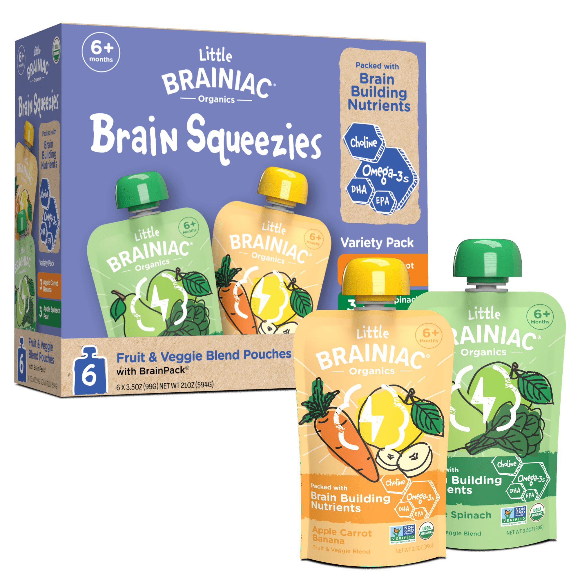 Little Brainiac Organic Fruit & Veggie Variety Pack with BrainPack, 3.5oz, 6ct