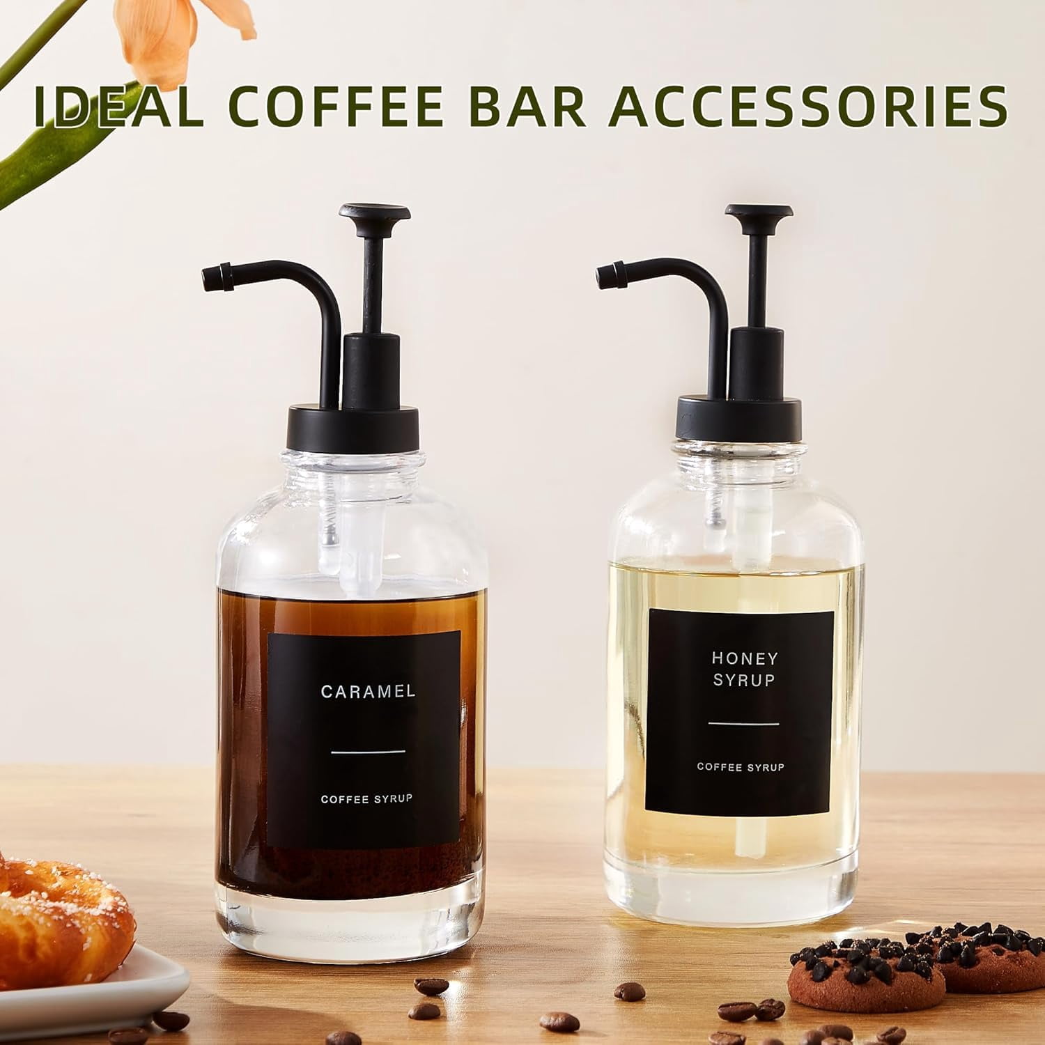Coffee Syrup Dispenser For Bar 4pack Pump Accessories (500ml) 16.9 Oz Glass With 36 Labels Bottles Matte Black