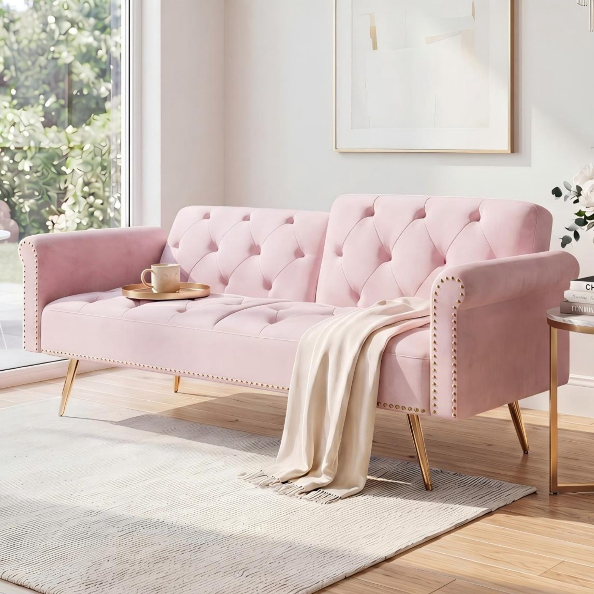 Leumius 70" Loveseat Sofa,Convertible Futon Sofa Bed Velvet Sleeper Sofa Bed with Throw Pillow & Gold Metal Legs,2-Seat Loveseat for Living Room,Bedroom,Office,Pink