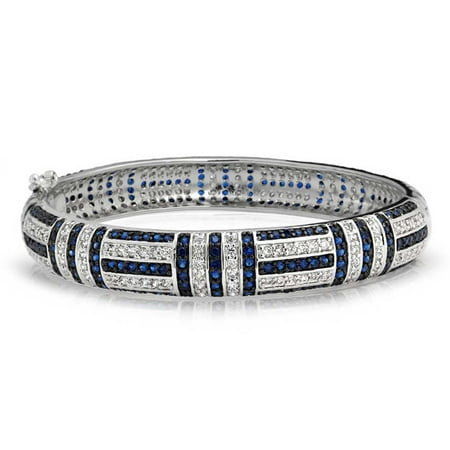 - Art Deco Style Blue Simulated Sapphire Cubic Zirconia CZ Dome Statement Bangle Bracelet For Women Silver Plated Brass