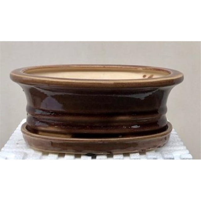 8.5 x 7 x 3 in. Bronze Ceramic Bonsai Pot with Humidity Drip Tray, Oval