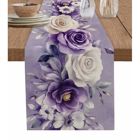 Table Runner Purple White Rose Table Decoration for Kitchen Dinning Watercolor Flowers Table Decoration for Indoor Outdoor Party Wedding Decor 13x90 Inch